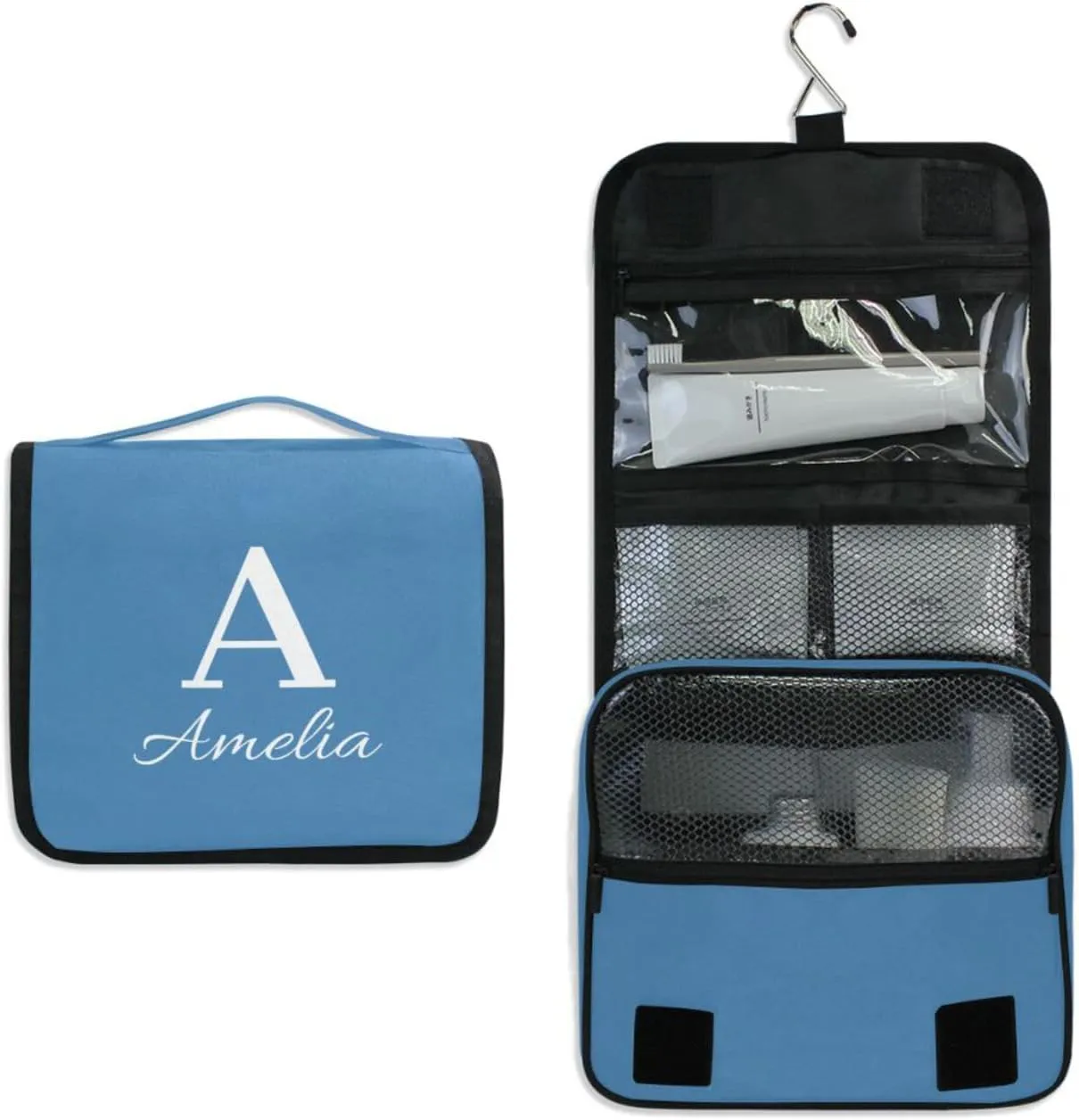 Steel Blue Custom Name Hanging Toiletry Bag Personalized Makeup Cosmetic Bag Cosmetic Case Large Capacity Travel Toiletry Organizer for Toiletries Bathroom Travel Storage