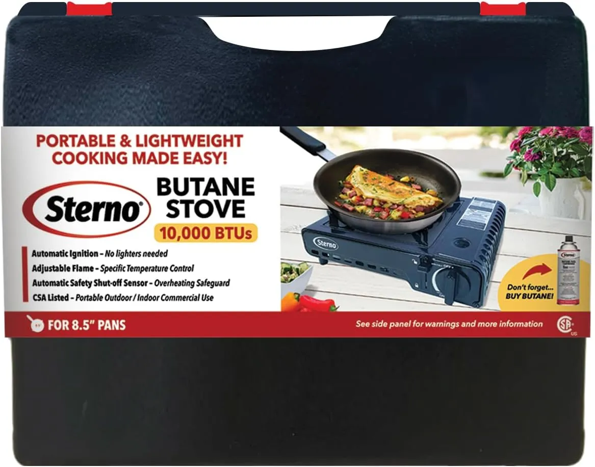 Sterno Portable Butane Stove - 9K/10K BTU Single Burner Stove, Outdoor & Indoor Use Butane Gas Burner with Carrying Case - Camping Cooktop for Tailgating, Outdoor Cooking, Catering, & Action Stations