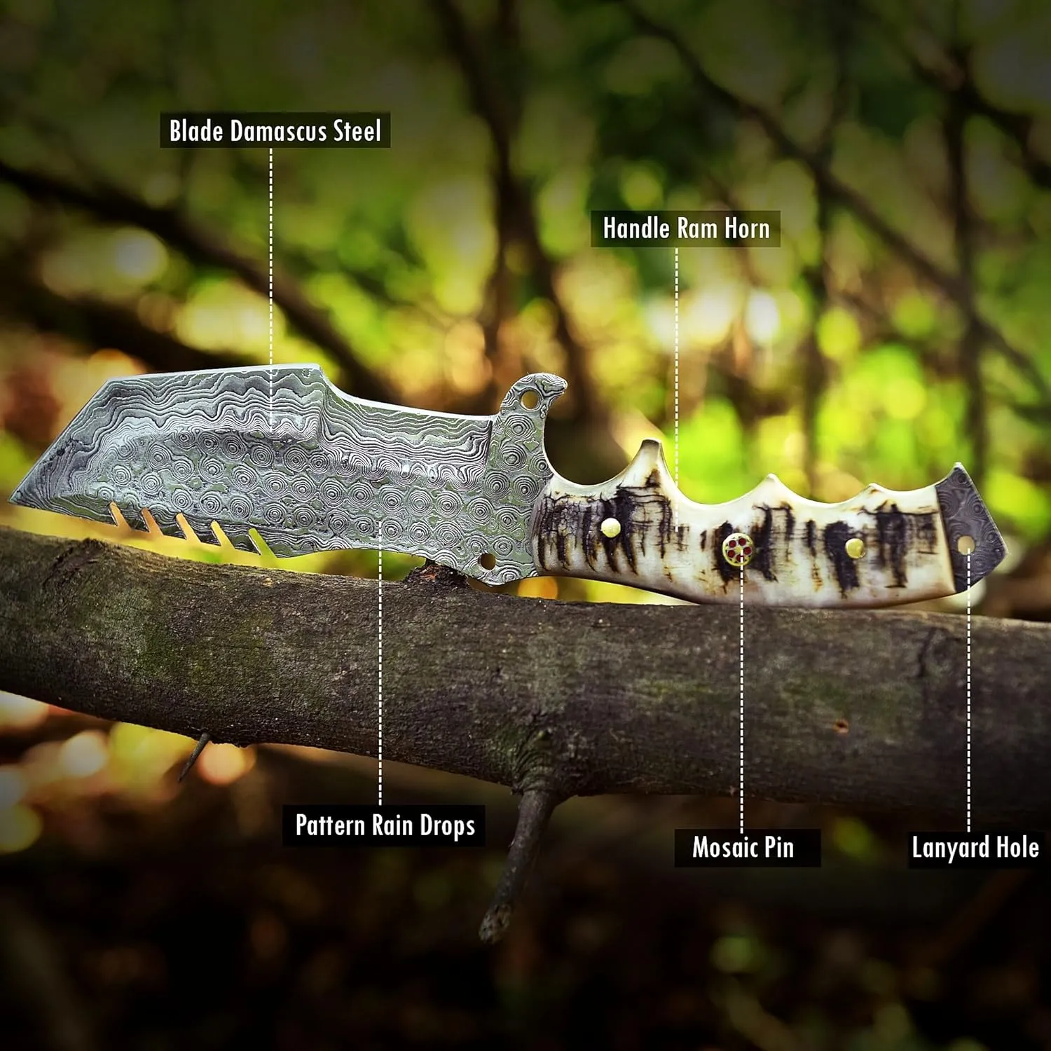 STITCH & STEEL STUDIO 10.5’’ Damascus Hunting Knife, Fixed blade knife with sheath, Survival knife, Ram Horn Handle, edc Knife, Camping Knife & Self Defense Knife, Tracker Knife
