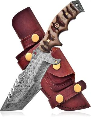 STITCH & STEEL STUDIO 10.5’’ Damascus Hunting Knife, Fixed blade knife with sheath, Survival knife, Ram Horn Handle, edc Knife, Camping Knife & Self Defense Knife, Tracker Knife