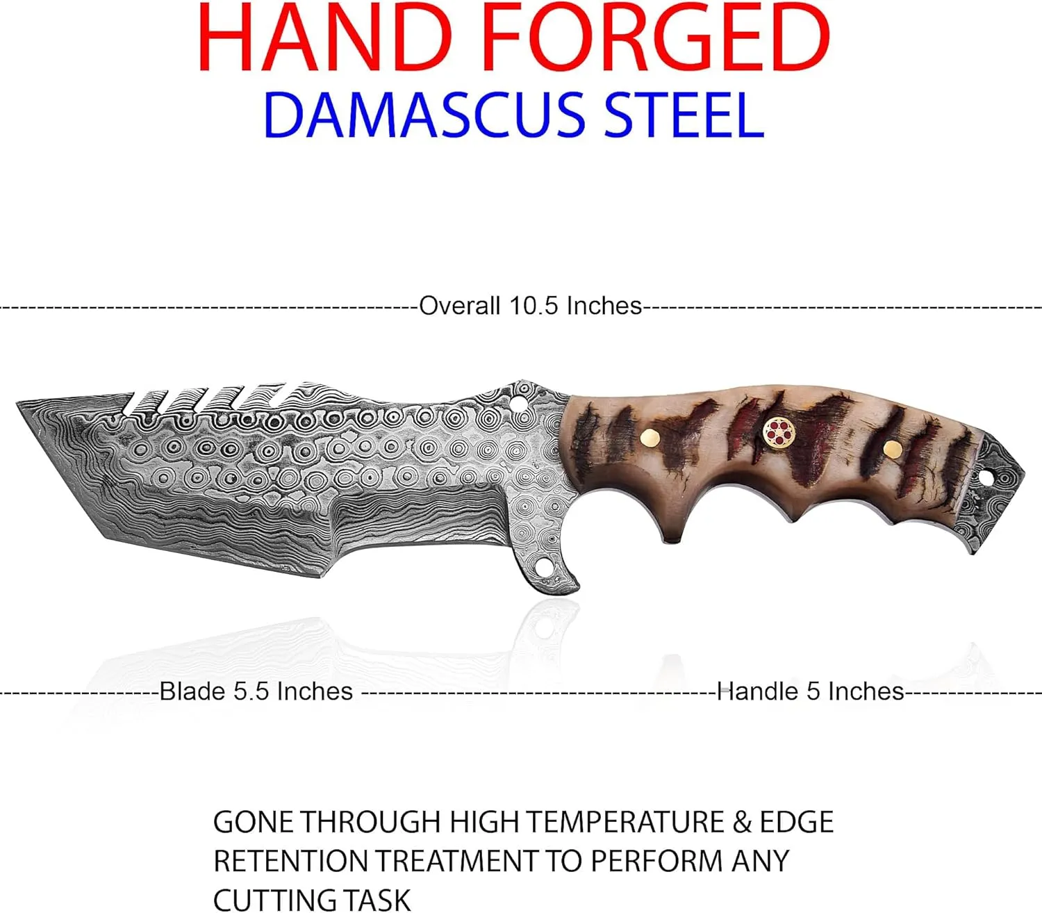 STITCH & STEEL STUDIO 10.5’’ Damascus Hunting Knife, Fixed blade knife with sheath, Survival knife, Ram Horn Handle, edc Knife, Camping Knife & Self Defense Knife, Tracker Knife
