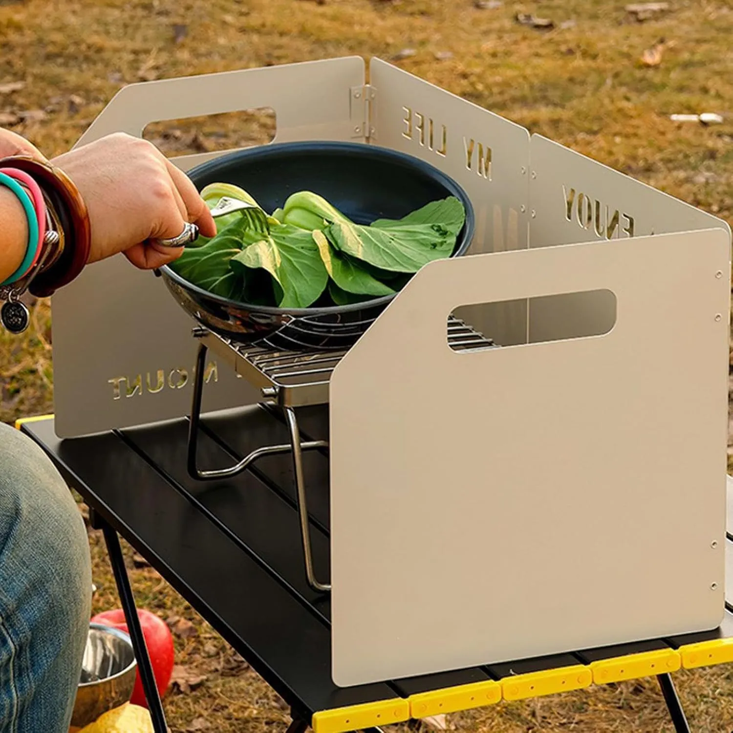 Stove Windscreen - Folding Camping Stove Windshield 4 Plates Stainless Steel Stove Windscreen for Outdoor, Picnic, Backpacking and Cooking Beige