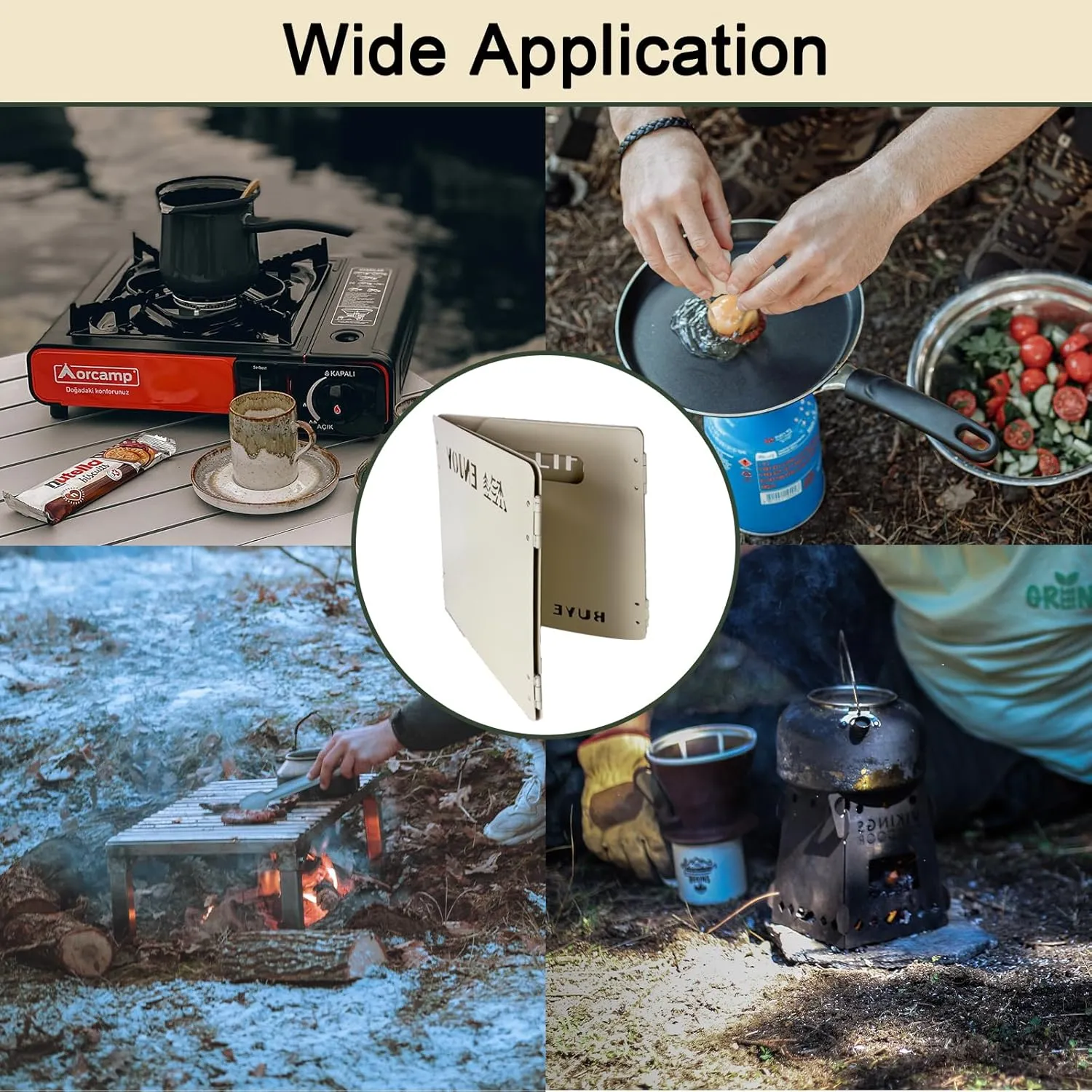 Stove Windscreen - Folding Camping Stove Windshield 4 Plates Stainless Steel Stove Windscreen for Outdoor, Picnic, Backpacking and Cooking Beige