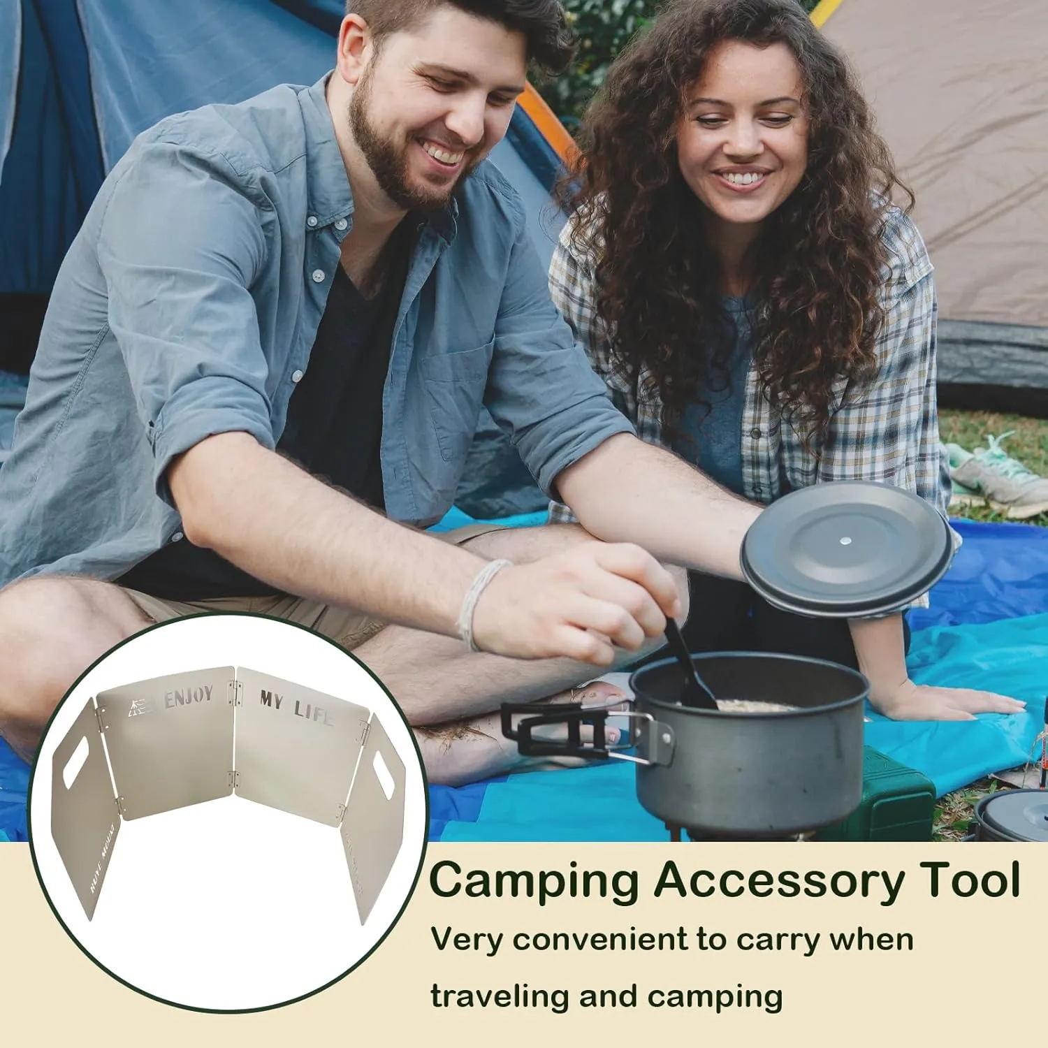 Stove Windscreen - Folding Camping Stove Windshield 4 Plates Stainless Steel Stove Windscreen for Outdoor, Picnic, Backpacking and Cooking Beige