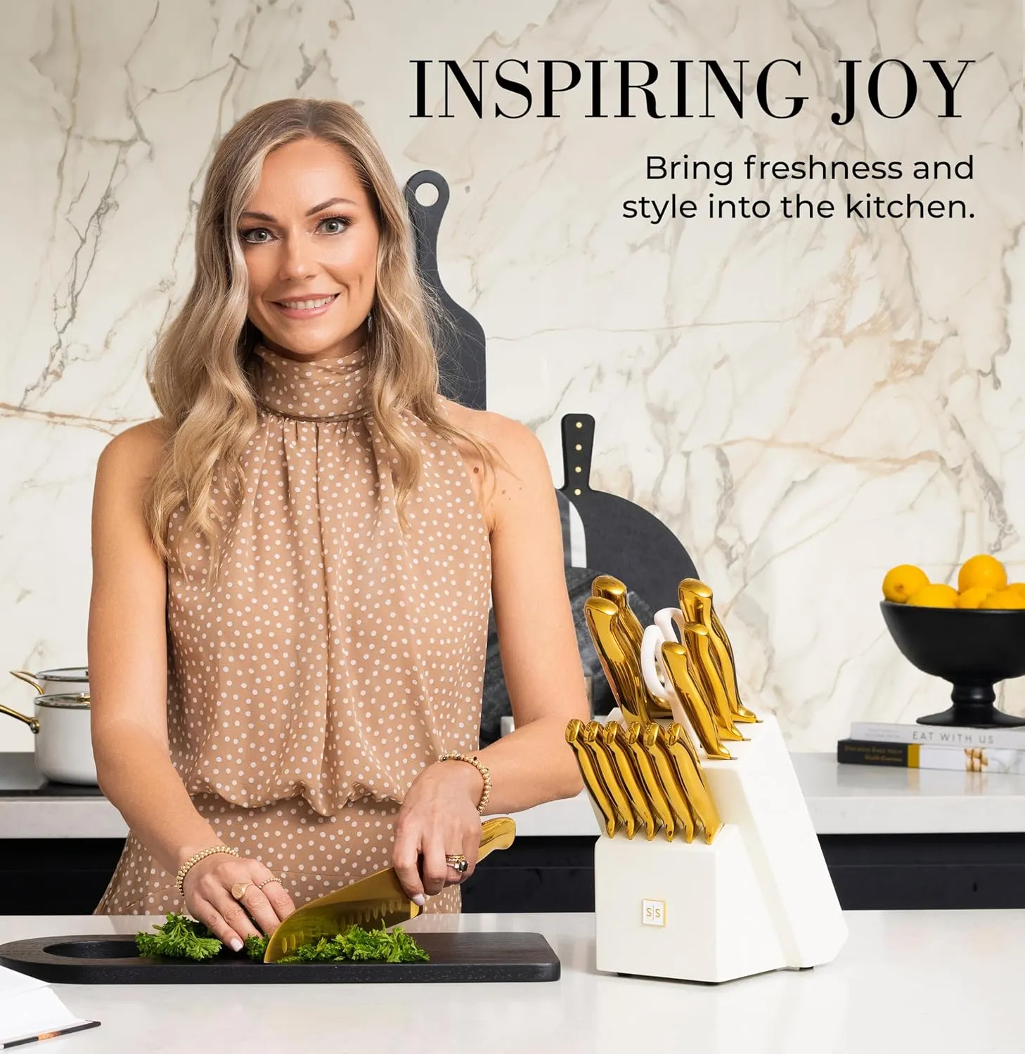 STYLED SETTINGS White and Gold Knife Set for Kitchen with Block – 14-Piece Full Tang Knives and White Knife Block with Built-In Sharpener – Luxurious Gold Kitchen Decor and Accessories