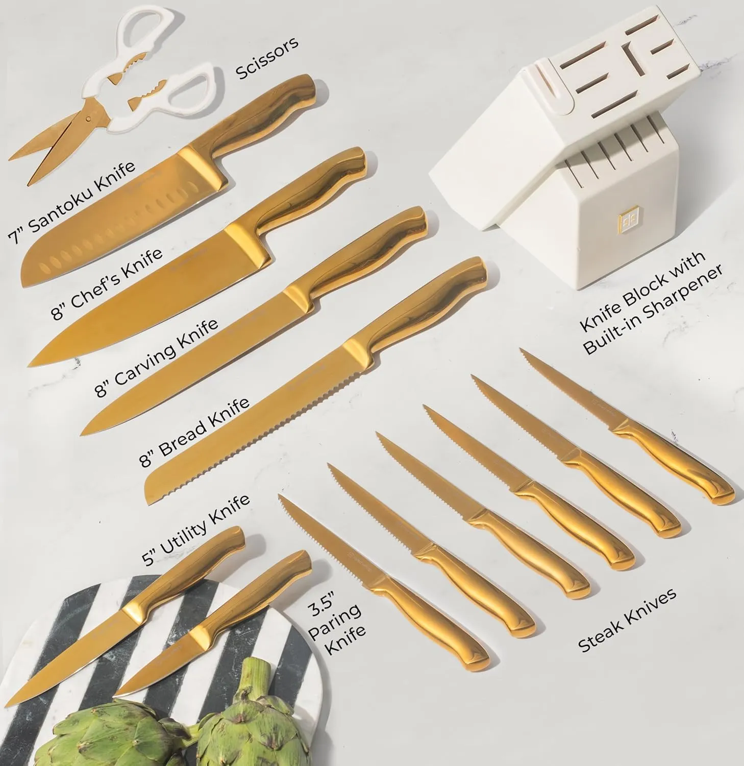 STYLED SETTINGS White and Gold Knife Set for Kitchen with Block – 14-Piece Full Tang Knives and White Knife Block with Built-In Sharpener – Luxurious Gold Kitchen Decor and Accessories