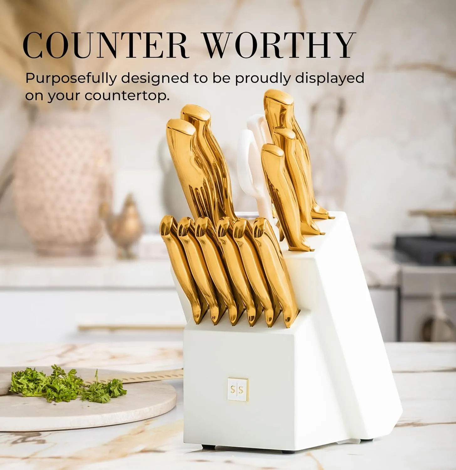 STYLED SETTINGS White and Gold Knife Set for Kitchen with Block – 14-Piece Full Tang Knives and White Knife Block with Built-In Sharpener – Luxurious Gold Kitchen Decor and Accessories