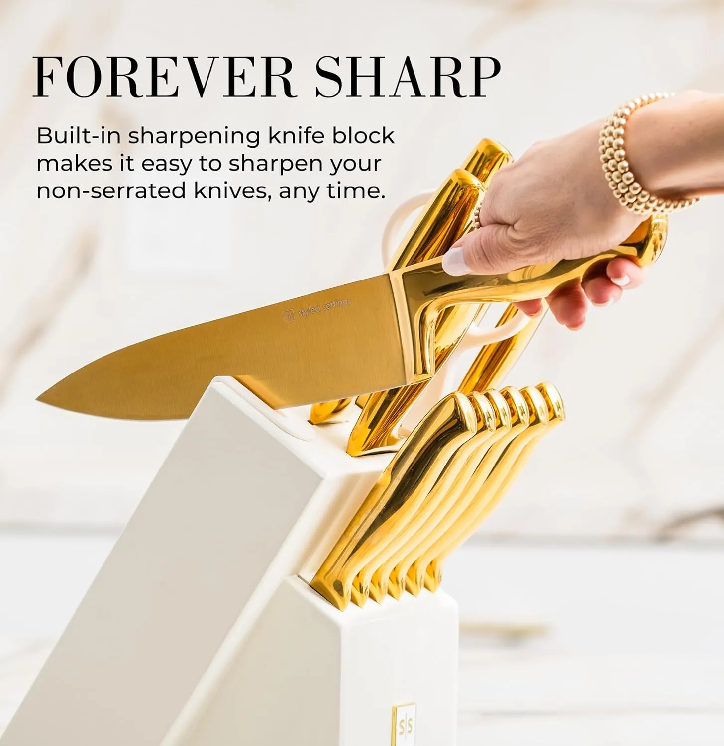 STYLED SETTINGS White and Gold Knife Set for Kitchen with Block – 14-Piece Full Tang Knives and White Knife Block with Built-In Sharpener – Luxurious Gold Kitchen Decor and Accessories