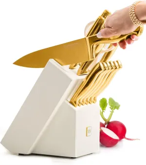 STYLED SETTINGS White and Gold Knife Set for Kitchen with Block – 14-Piece Full Tang Knives and White Knife Block with Built-In Sharpener – Luxurious Gold Kitchen Decor and Accessories