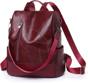 Stylish Leather Backpack Anti-Theft Travel Daypack for Women Lightweight Casual Shoulder Bag (Red)