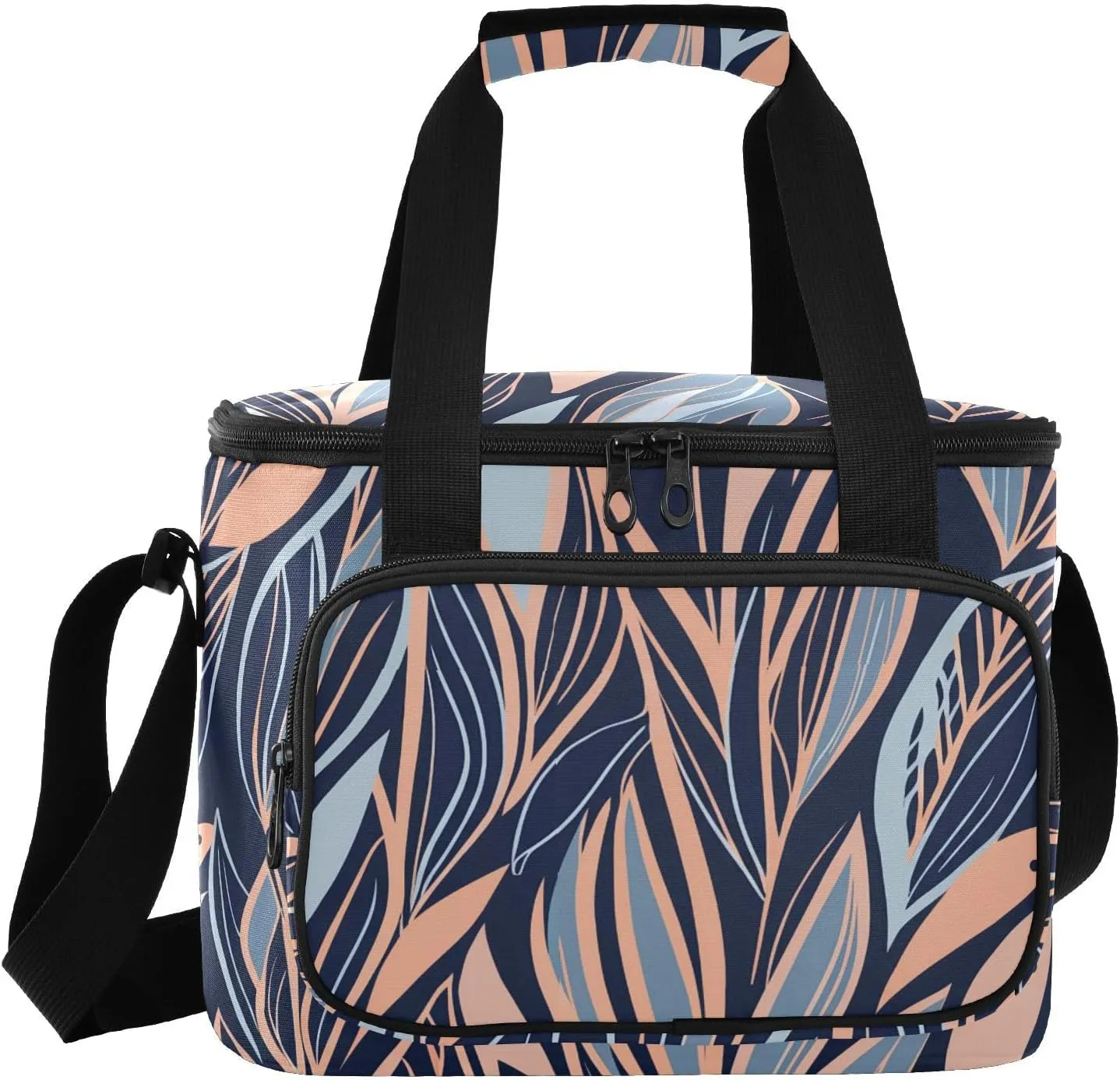 Stylized Leaves Navy Blue Insulated Cooler Bag for Women Men Leakproof 24 Can Camping Cooler Totes for Travel Outdoors Trip