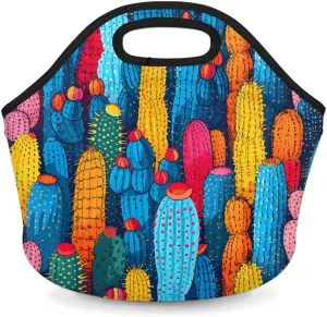 Succulent Colorful Cacti Neoprene Lunch Bag Insulated Cooler Tote Bag Reusable Lunch Box Thermal Food Container Soft Handbag for Women Work Picnic