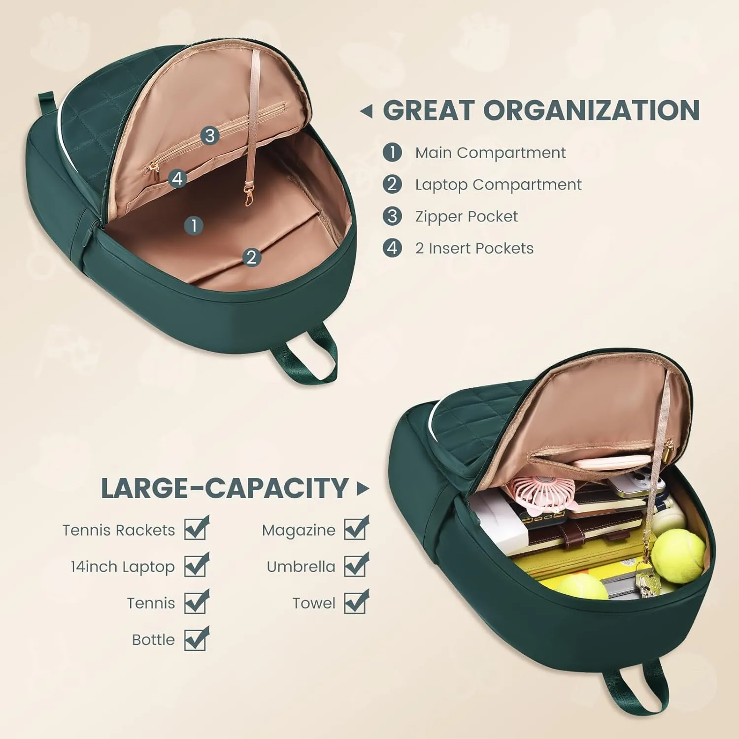 Sucipi Tennis Bags for Women, Quilted Tennis Racket Bag Backpack for Tennis Racquet, Pickleball Paddles, Badminton