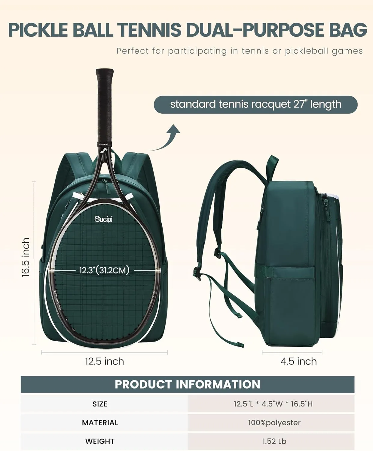 Sucipi Tennis Bags for Women, Quilted Tennis Racket Bag Backpack for Tennis Racquet, Pickleball Paddles, Badminton