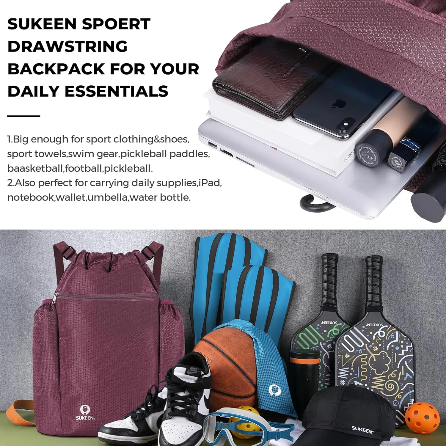 Sukeen Drawstring Backpack Swim Bag Lightweight String Backpack for Beach Pickleball Swimming Pool Gym Workout Gear Sport