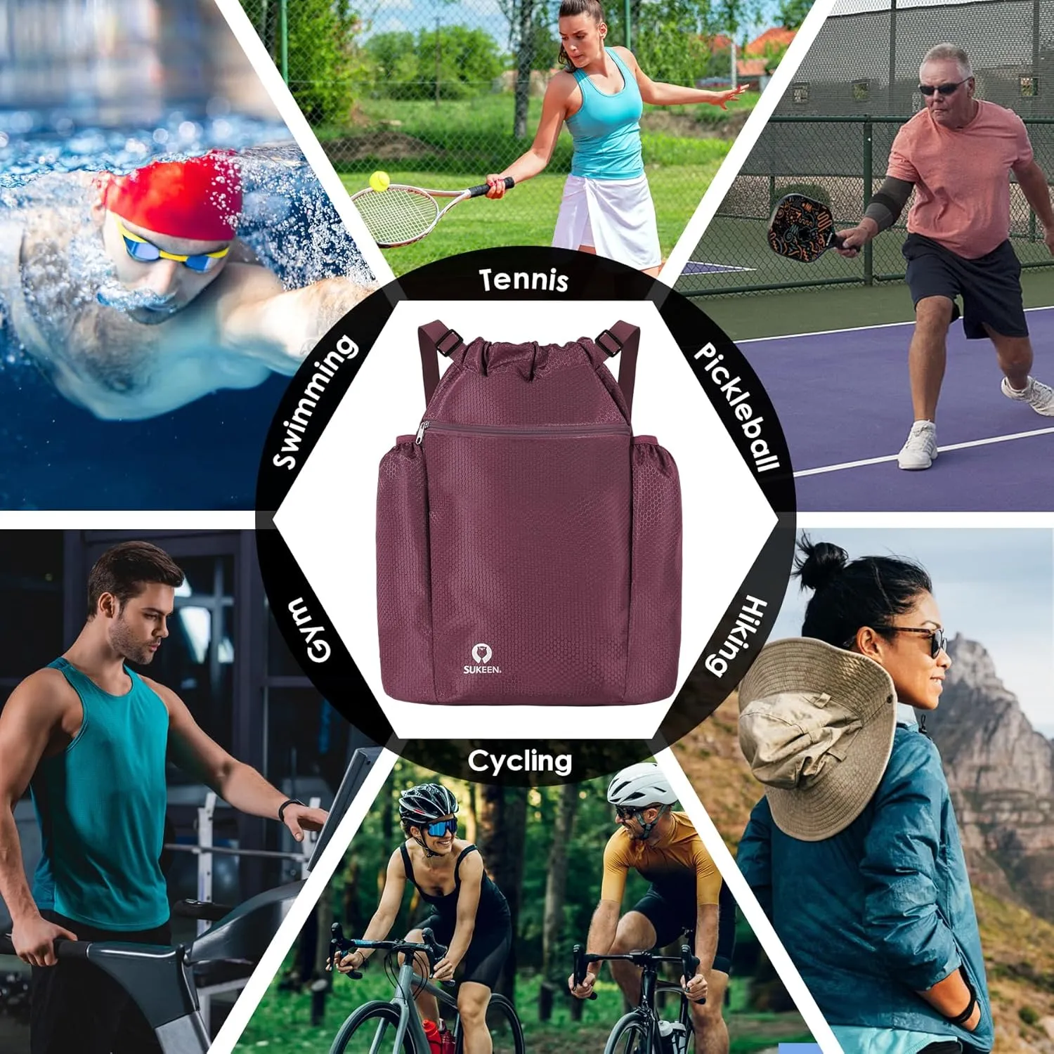 Sukeen Drawstring Backpack Swim Bag Lightweight String Backpack for Beach Pickleball Swimming Pool Gym Workout Gear Sport