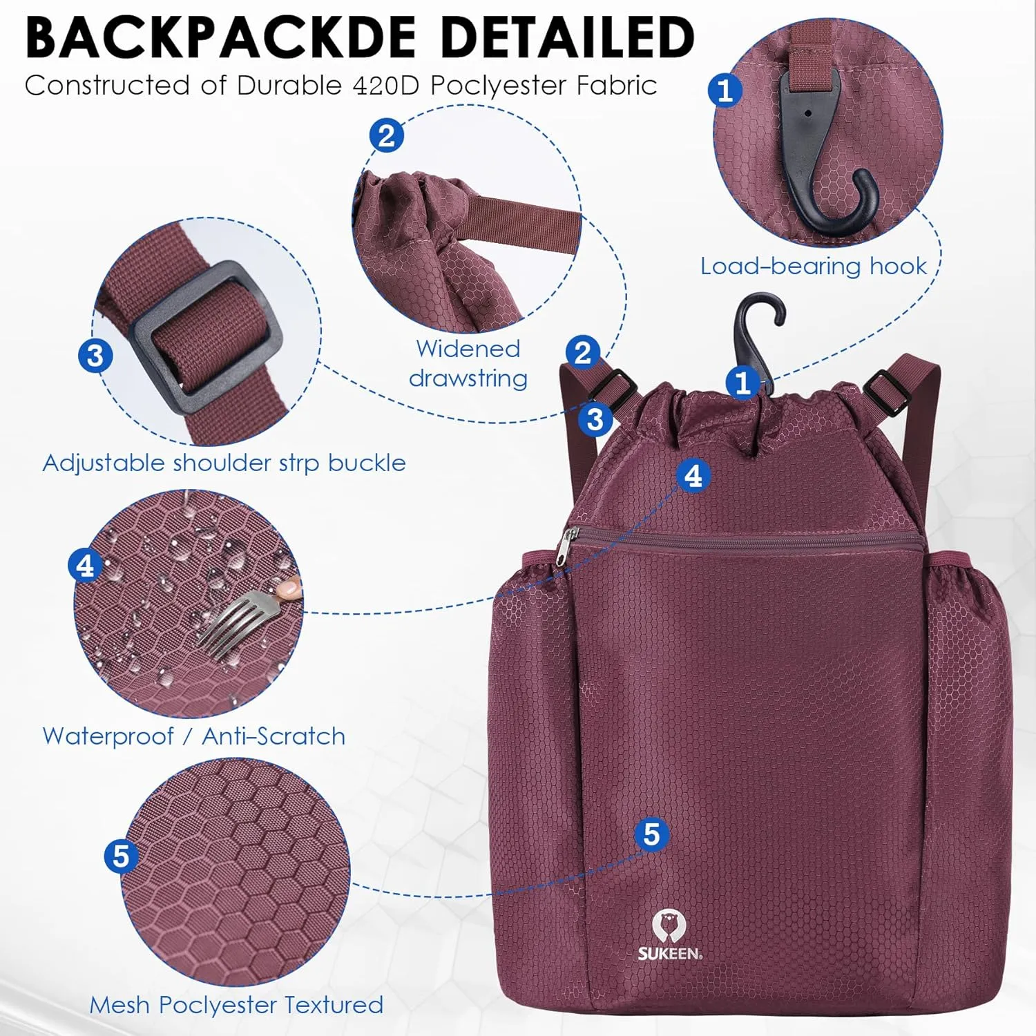 Sukeen Drawstring Backpack Swim Bag Lightweight String Backpack for Beach Pickleball Swimming Pool Gym Workout Gear Sport
