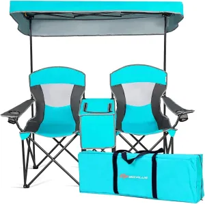 Sun Lounger Outdoor Furniture Double Beach Chair with Canopy Shade Folding Portable Chair Fishing Playa Cool Camping Gear Tent Foldable Set(Lake Blue)