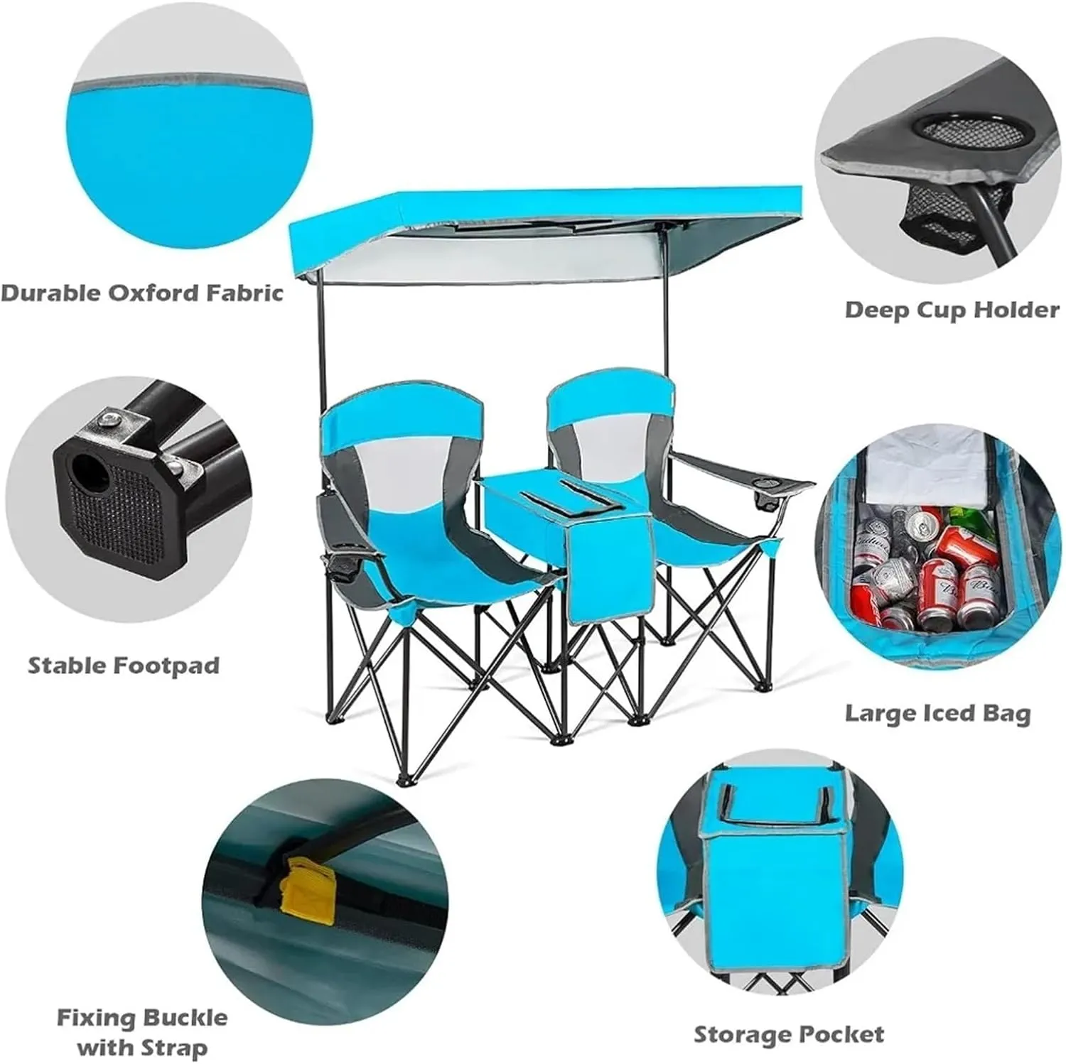 Sun Lounger Outdoor Furniture Double Beach Chair with Canopy Shade Folding Portable Chair Fishing Playa Cool Camping Gear Tent Foldable Set(Lake Blue)