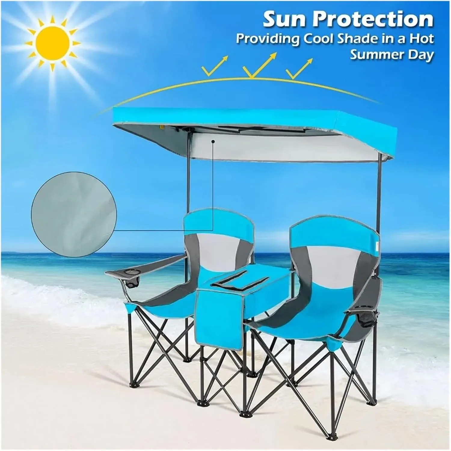 Sun Lounger Outdoor Furniture Double Beach Chair with Canopy Shade Folding Portable Chair Fishing Playa Cool Camping Gear Tent Foldable Set(Lake Blue)