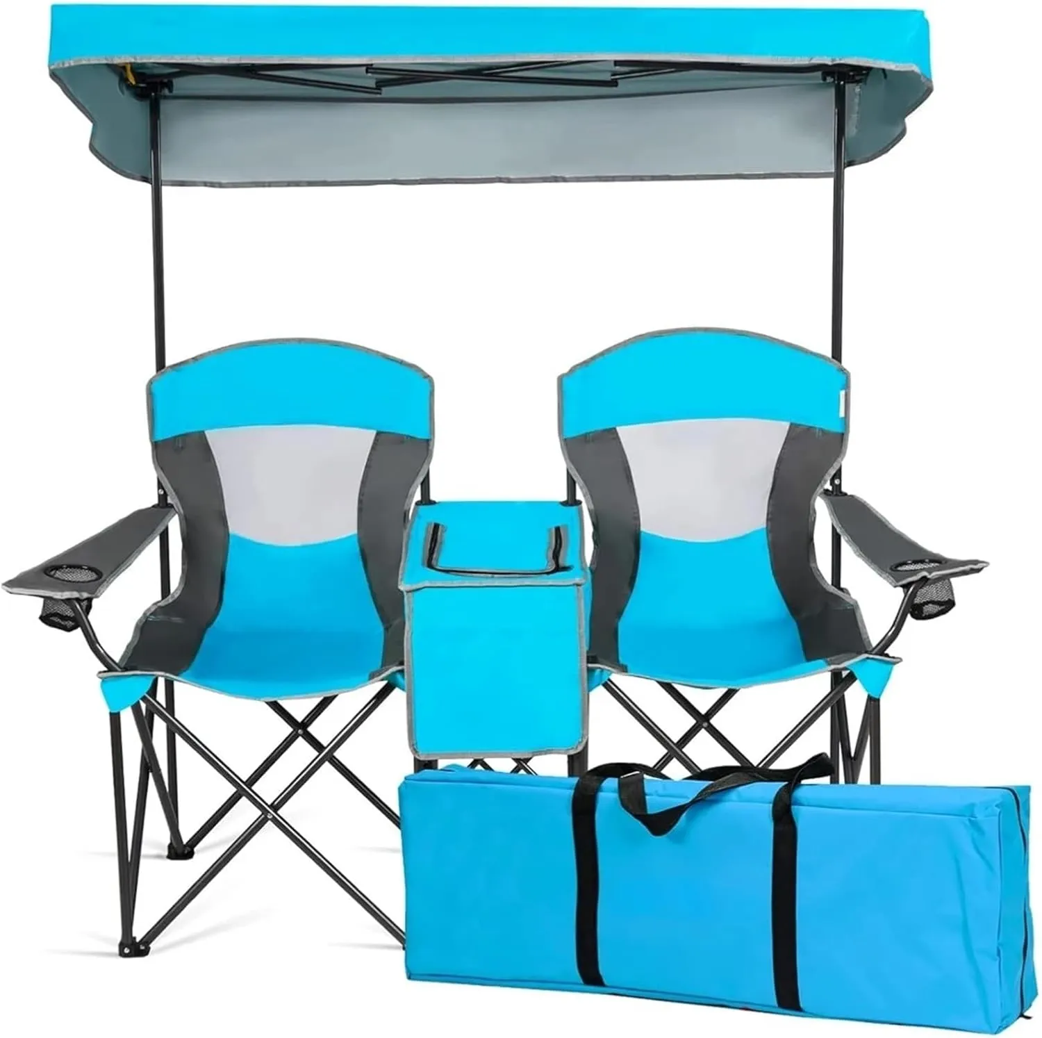 Sun Lounger Outdoor Furniture Double Beach Chair with Canopy Shade Folding Portable Chair Fishing Playa Cool Camping Gear Tent Foldable Set(Lake Blue)