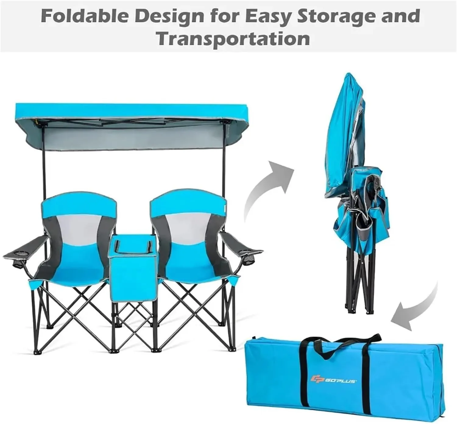Sun Lounger Outdoor Furniture Double Beach Chair with Canopy Shade Folding Portable Chair Fishing Playa Cool Camping Gear Tent Foldable Set(Lake Blue)