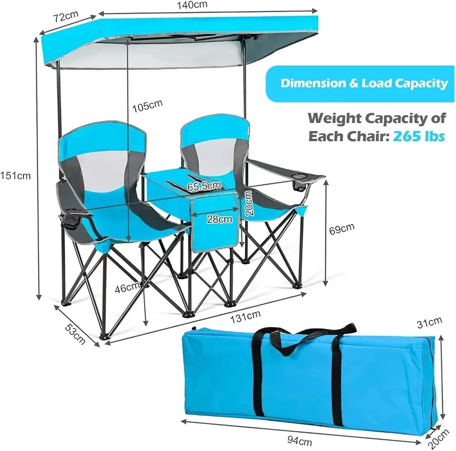 Sun Lounger Outdoor Furniture Double Beach Chair with Canopy Shade Folding Portable Chair Fishing Playa Cool Camping Gear Tent Foldable Set(Lake Blue)