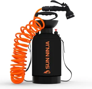 SUN NINJA Portable Shower 5L, Camping Shower with 7 Mode Shower Head, Neoprene Cover Helps Keep Water Warm, High Pressure Hose, Easy to Carry, Black and Orange