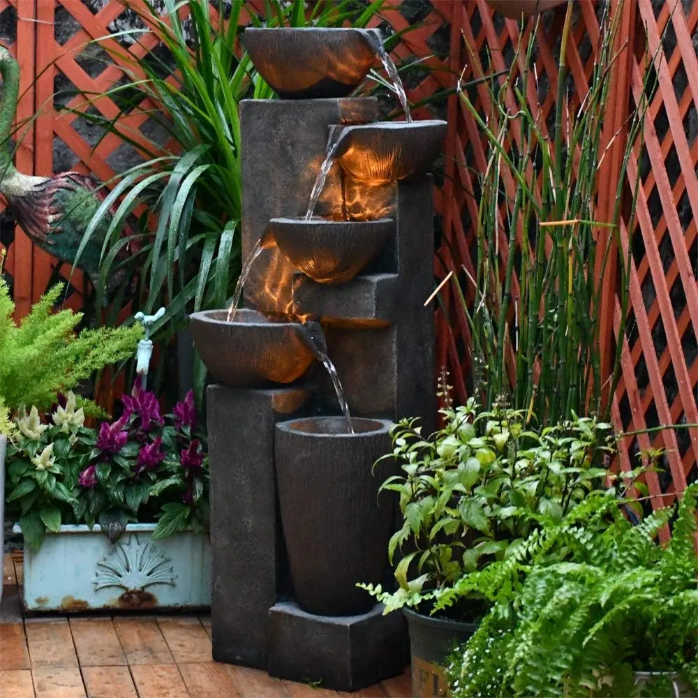 SunJet 5-Tier Outdoor Water Fountain Resin Fountain Decor with LED Lighting Natural Polyresin Looking Stone Decor for Garden Patio Fold Court Yard Deck 12.99" L x 13.78" W x 39.76" H