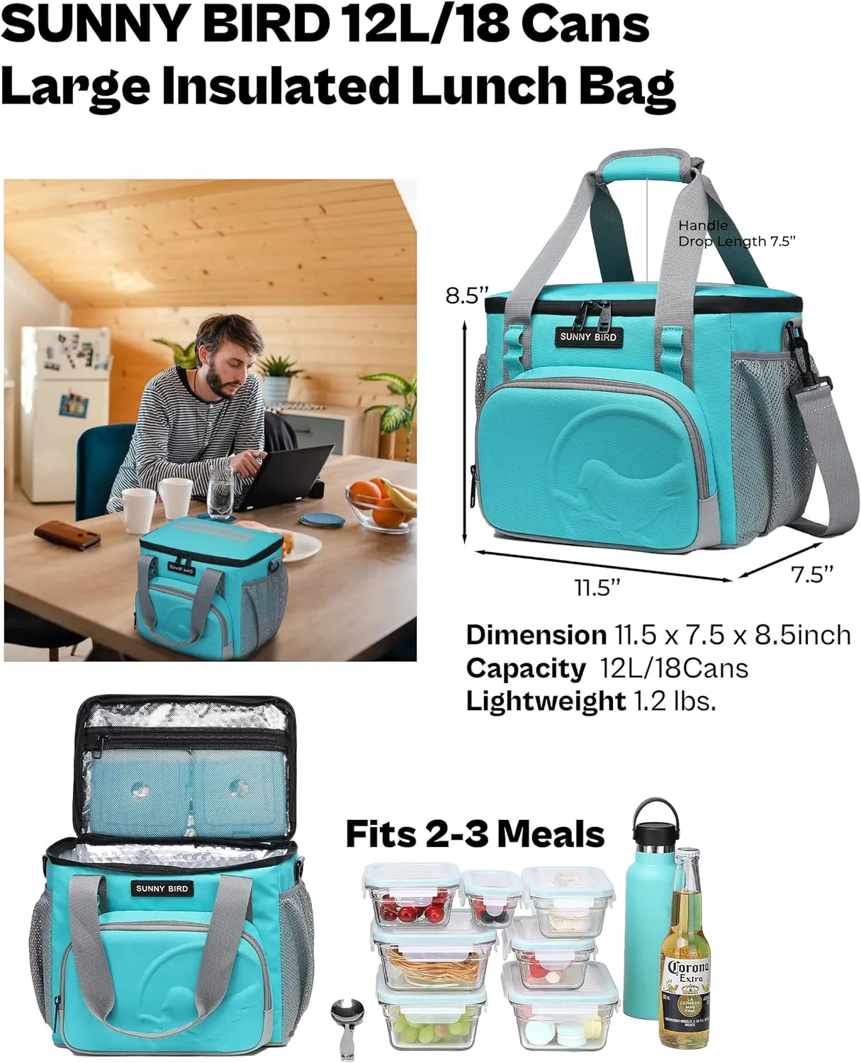 SUNNY BIRD 12L Large Insulated Lunch Bag, Leakproof and Foldable Lunch Cooler Box for Women Adult and Men, Fits 18 Cans (Aqua Blue 01)