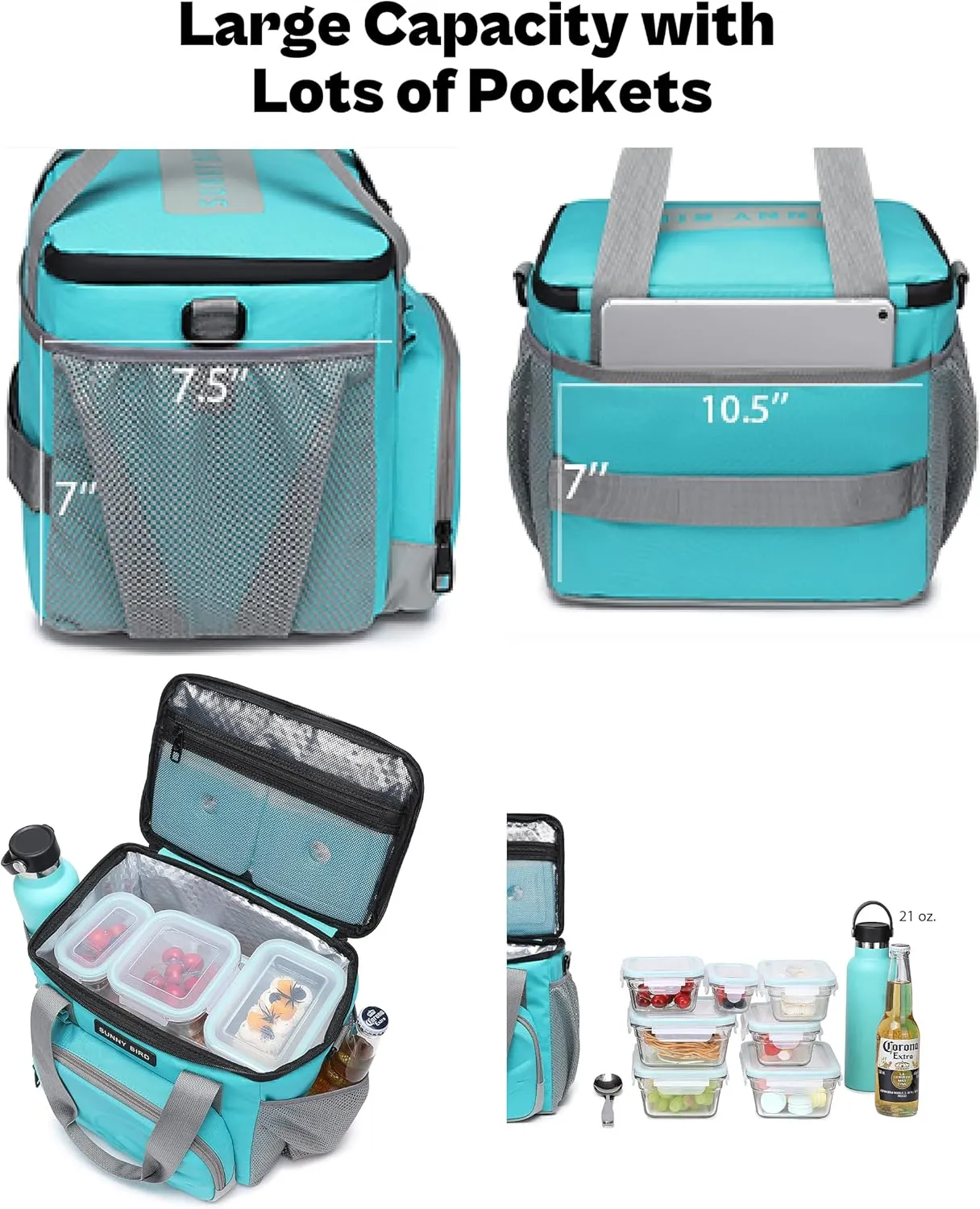 SUNNY BIRD 12L Large Insulated Lunch Bag, Leakproof and Foldable Lunch Cooler Box for Women Adult and Men, Fits 18 Cans (Aqua Blue 01)