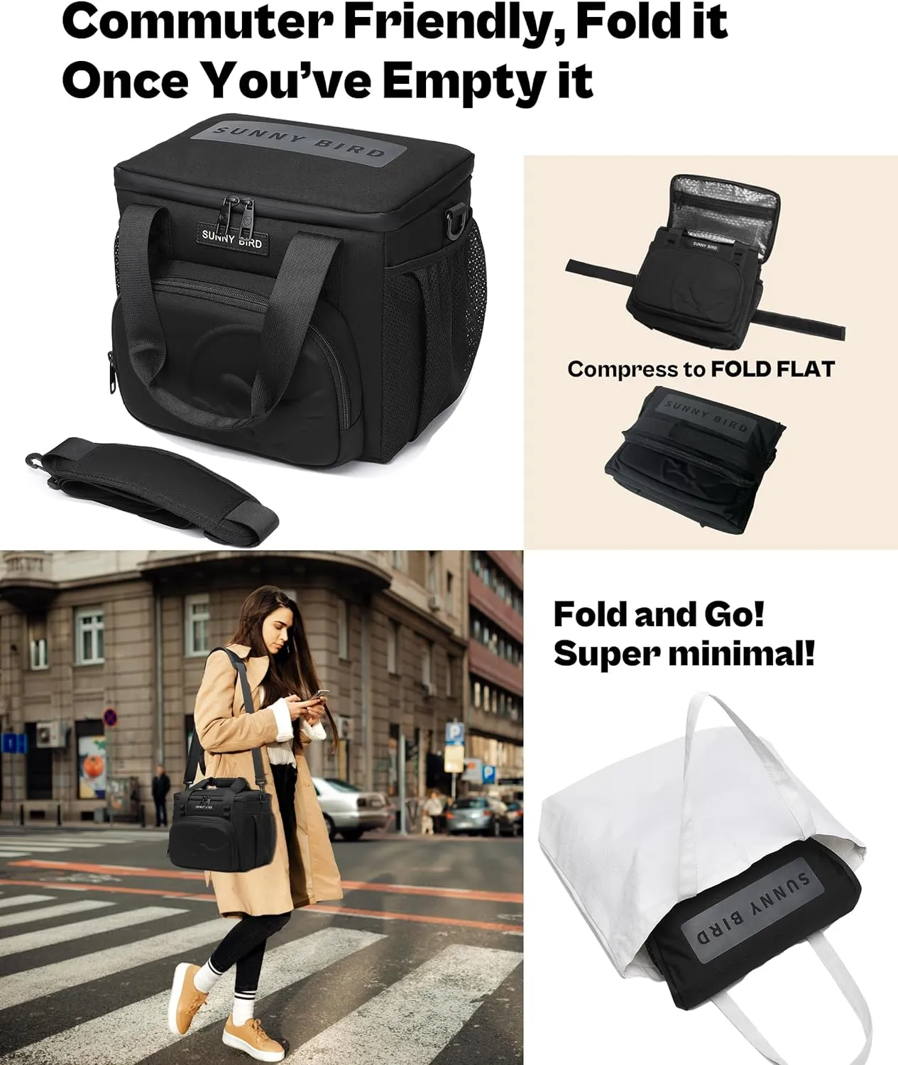SUNNY BIRD 12L Large Insulated Lunch Bag, Leakproof and Foldable Lunch Cooler Box for Women Adult and Men, Fits 18 Cans (Black 01)