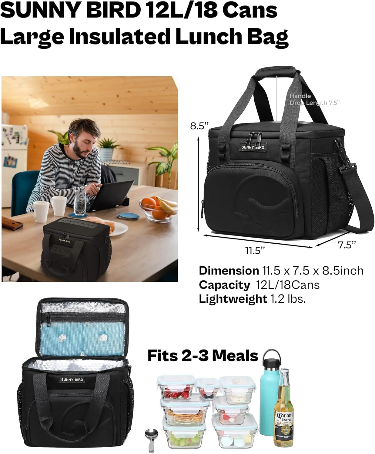 SUNNY BIRD 12L Large Insulated Lunch Bag, Leakproof and Foldable Lunch Cooler Box for Women Adult and Men, Fits 18 Cans (Black 01)