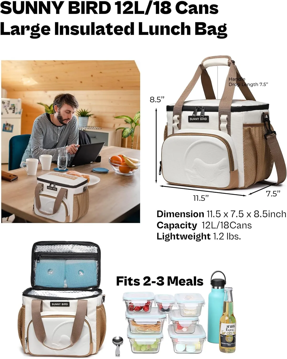 SUNNY BIRD 12L Large Insulated Lunch Bag, Leakproof and Foldable Lunch Cooler Box for Women Adult and Men, Fits 18 Cans (Ivory White 01)