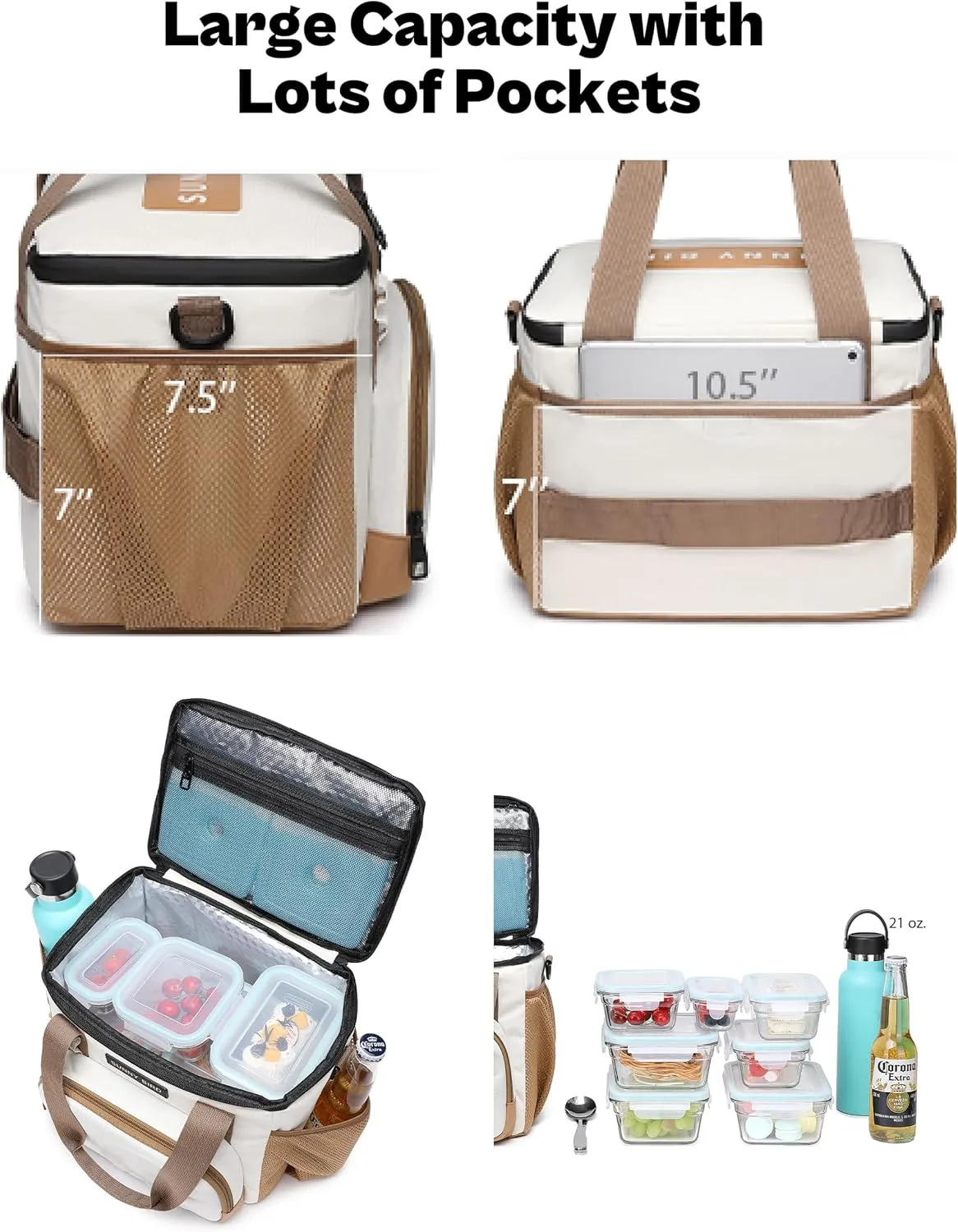 SUNNY BIRD 12L Large Insulated Lunch Bag, Leakproof and Foldable Lunch Cooler Box for Women Adult and Men, Fits 18 Cans (Ivory White 01)