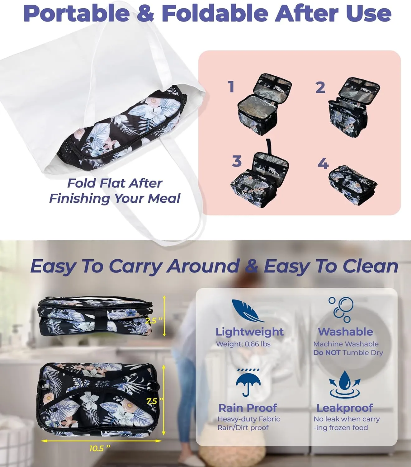 SUNNY BIRD Insulated Lunch Bag with Foldable and Leakproof Design, Thermally Insulated, Shoulder Strap for Women, Men and Teen (Hibiscus)