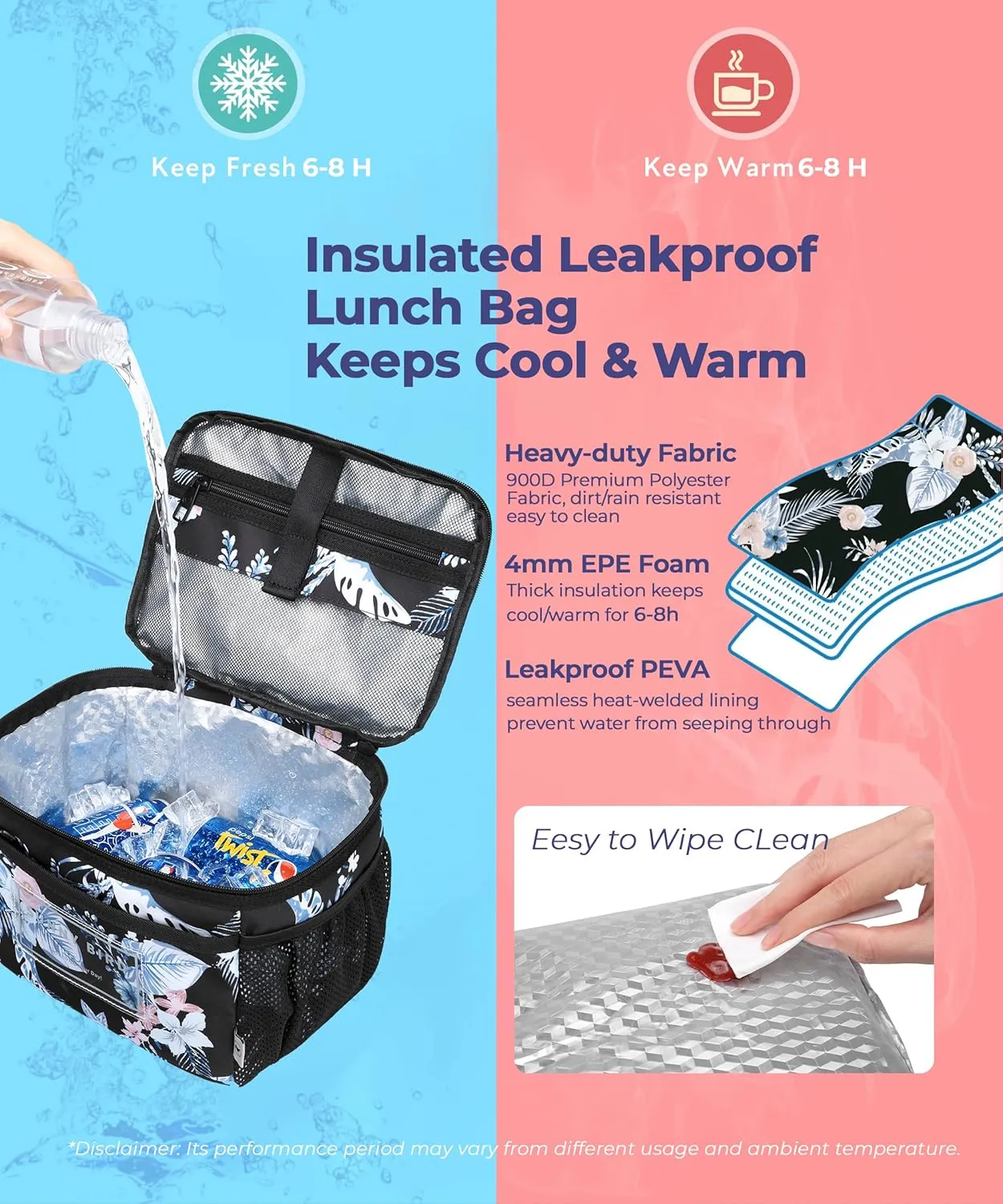SUNNY BIRD Insulated Lunch Bag with Foldable and Leakproof Design, Thermally Insulated, Shoulder Strap for Women, Men and Teen (Hibiscus)