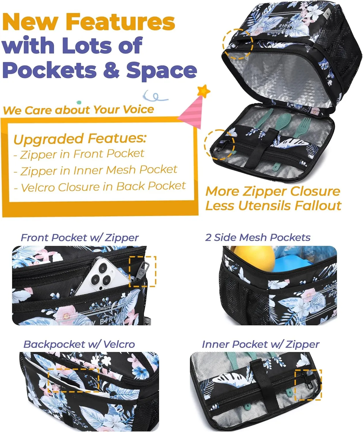 SUNNY BIRD Insulated Lunch Bag with Foldable and Leakproof Design, Thermally Insulated, Shoulder Strap for Women, Men and Teen (Hibiscus)