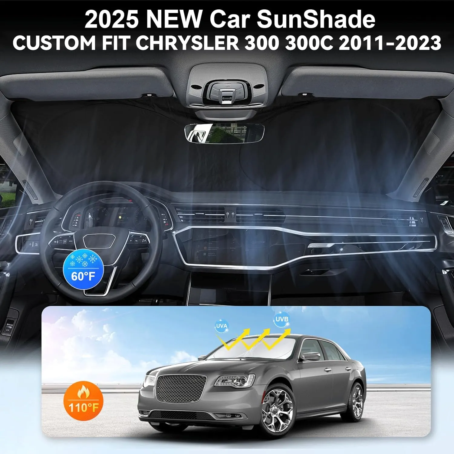 Sunshade for Chrysler 300 Windshield Sun Shade for Chrysler 300 300C 2011-2023 2024 2025 Car Accessories Foldable Front Window Shield Cover Sun Visor Protector 2 Layers Block UV Rays Heat with Pouch