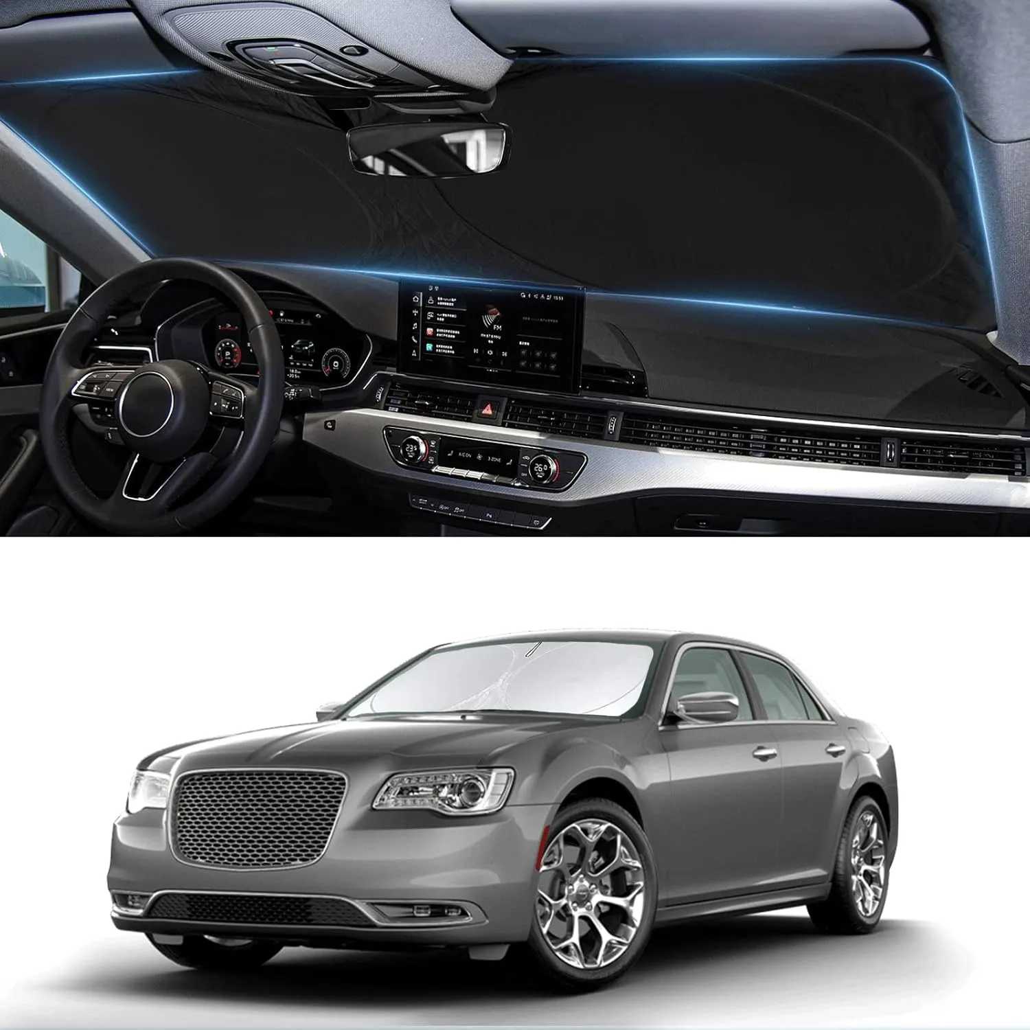 Sunshade for Chrysler 300 Windshield Sun Shade for Chrysler 300 300C 2011-2023 2024 2025 Car Accessories Foldable Front Window Shield Cover Sun Visor Protector 2 Layers Block UV Rays Heat with Pouch