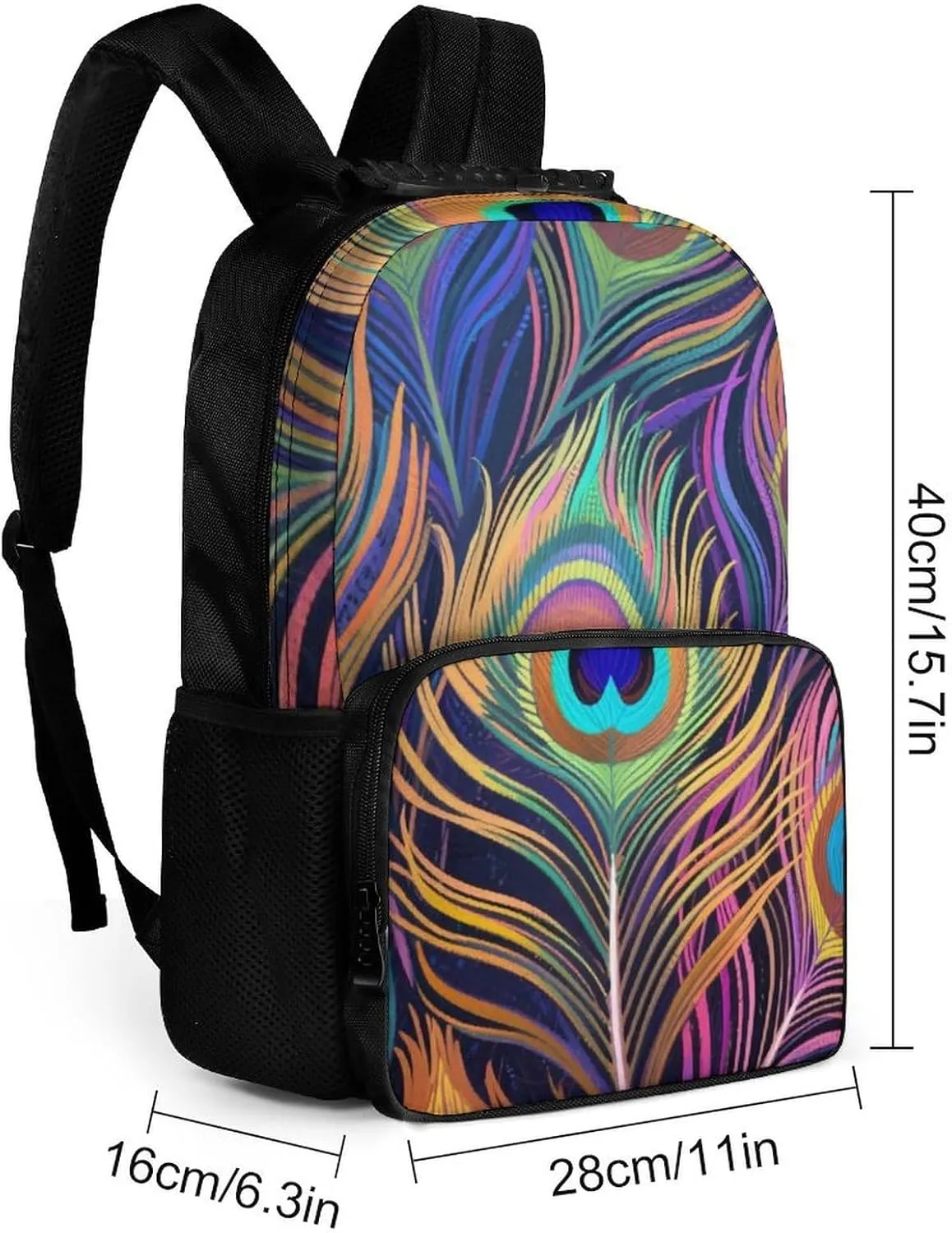 Supdreamc Men Women Polyester Chic Animal Beautiful Peacock Feather Art Daypack Big Capacity Shoulder Bag With Adjustable Shoulder Straps for Camping Travel Walking Cycling