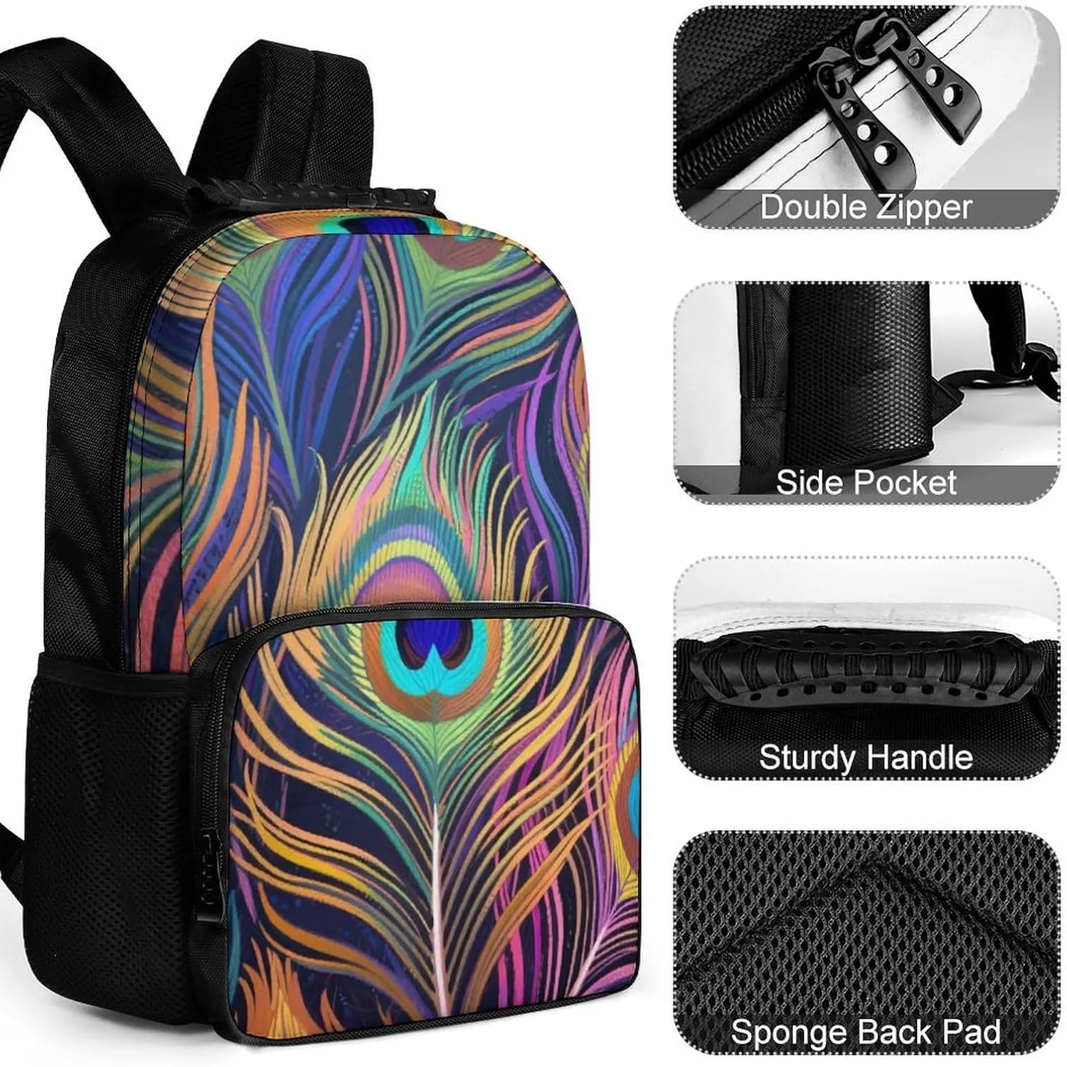 Supdreamc Men Women Polyester Chic Animal Beautiful Peacock Feather Art Daypack Big Capacity Shoulder Bag With Adjustable Shoulder Straps for Camping Travel Walking Cycling