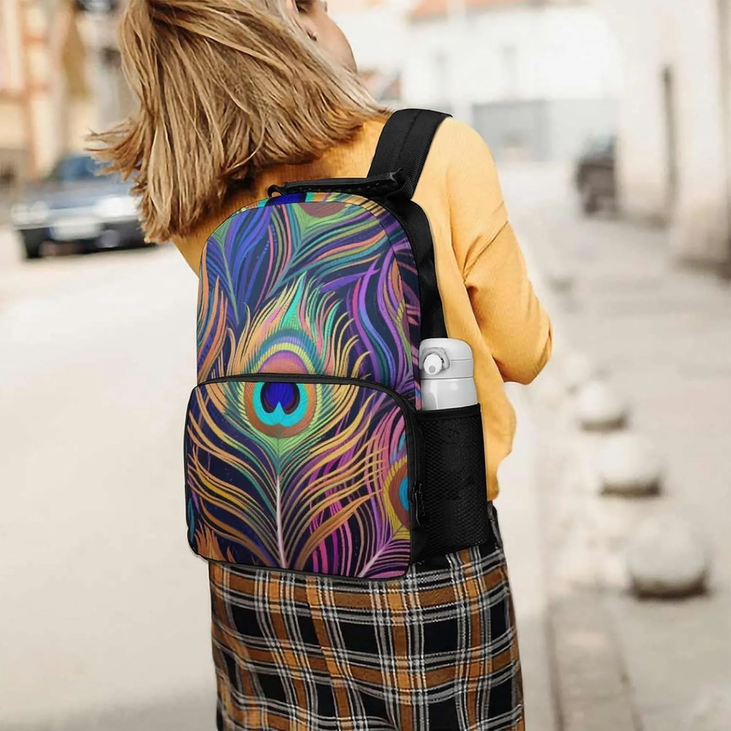 Supdreamc Men Women Polyester Chic Animal Beautiful Peacock Feather Art Daypack Big Capacity Shoulder Bag With Adjustable Shoulder Straps for Camping Travel Walking Cycling
