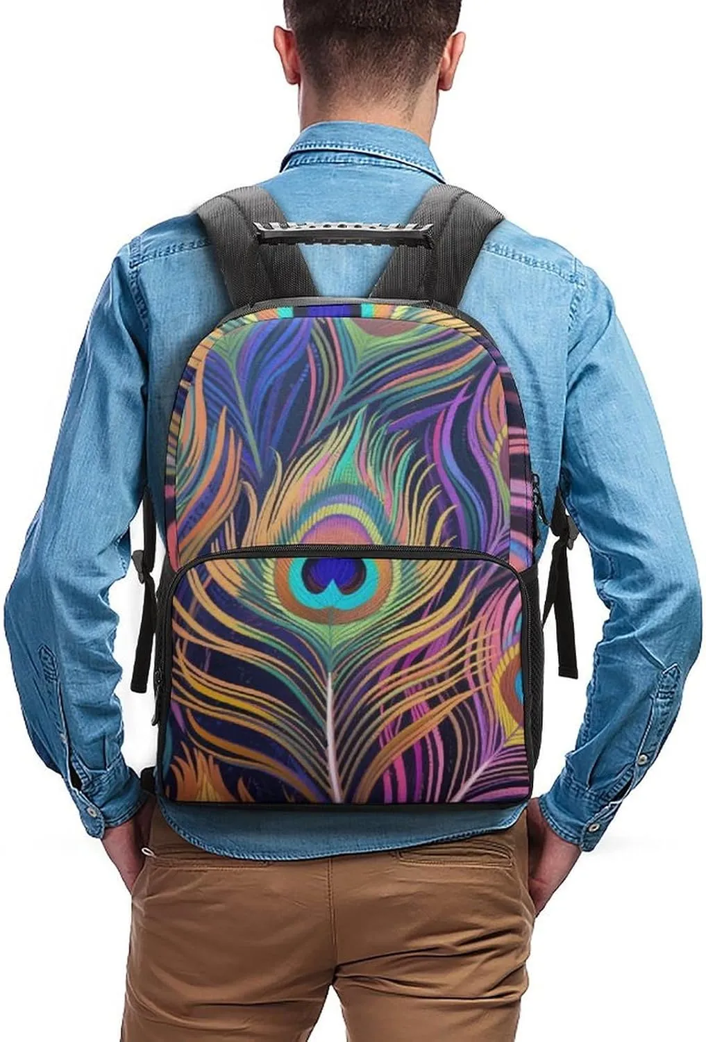 Supdreamc Men Women Polyester Chic Animal Beautiful Peacock Feather Art Daypack Big Capacity Shoulder Bag With Adjustable Shoulder Straps for Camping Travel Walking Cycling