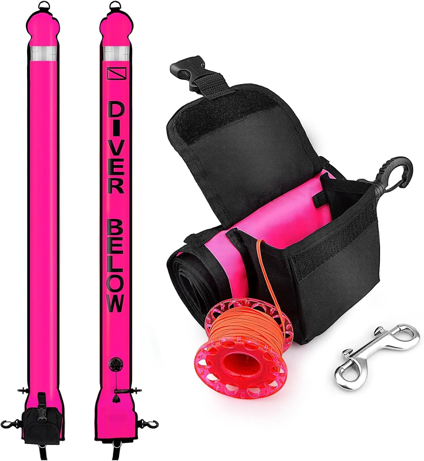 Surface Marker Buoy and Dive Reel Set, 5ft High Visibility Open Bottom Delayed SMB with Reel Storage Bag   100ft Diving Spool Reel and Clip