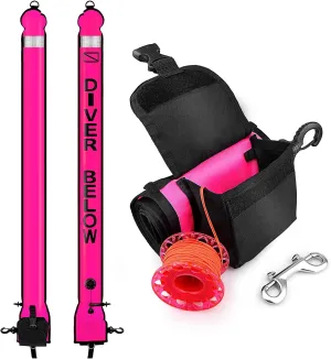 Surface Marker Buoy and Dive Reel Set, 5ft High Visibility Open Bottom Delayed SMB with Reel Storage Bag   100ft Diving Spool Reel and Clip