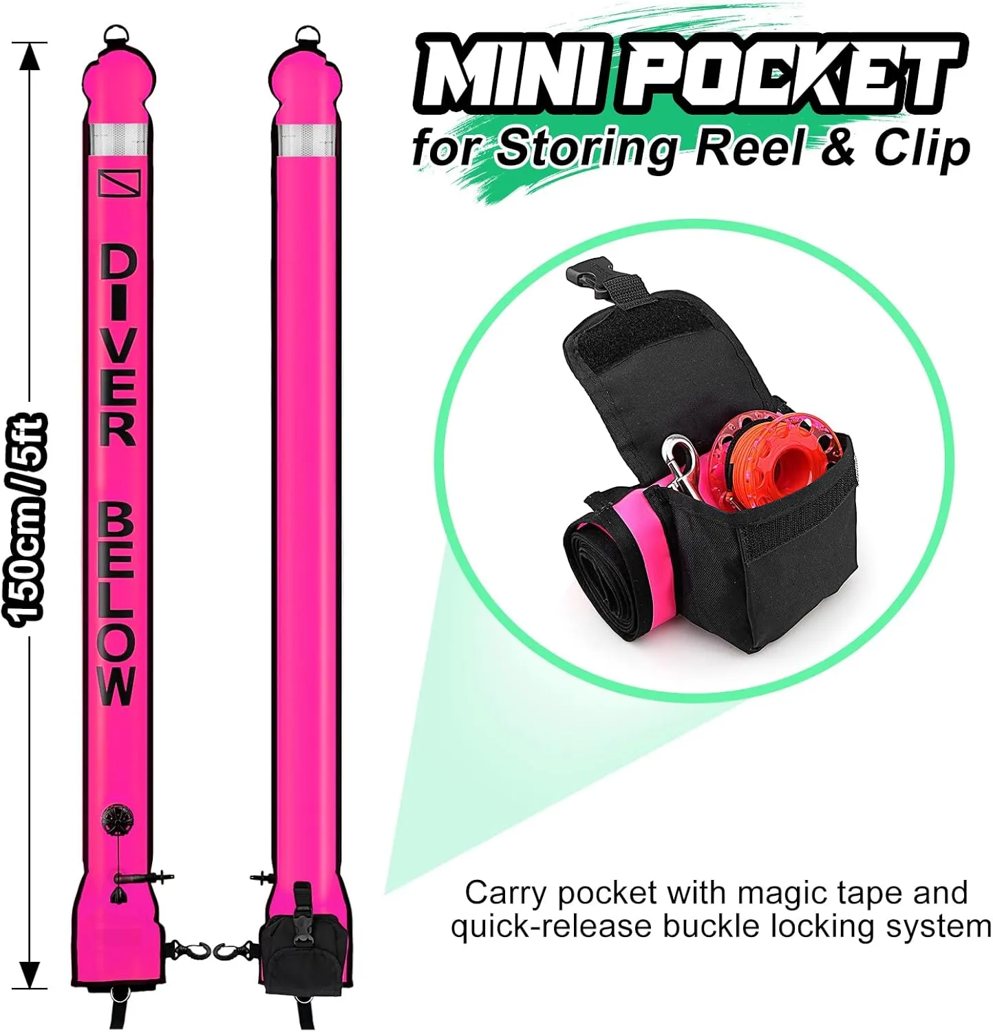 Surface Marker Buoy and Dive Reel Set, 5ft High Visibility Open Bottom Delayed SMB with Reel Storage Bag   100ft Diving Spool Reel and Clip