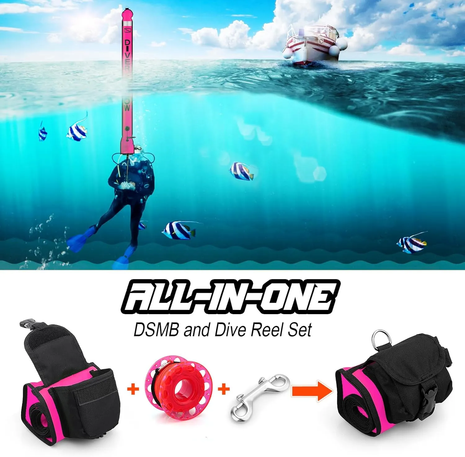 Surface Marker Buoy and Dive Reel Set, 5ft High Visibility Open Bottom Delayed SMB with Reel Storage Bag   100ft Diving Spool Reel and Clip