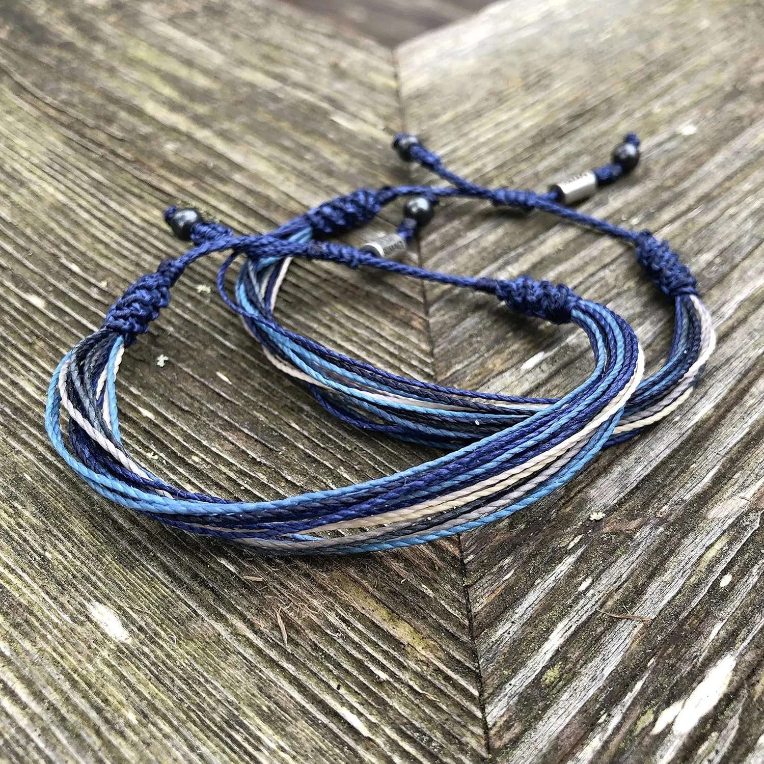 Surfer String Bracelet for Men Blue Gray White w Hematite Stones Handmade Woven Rope Adjustable Surf Gift for Guy by RUMI SUMAQ