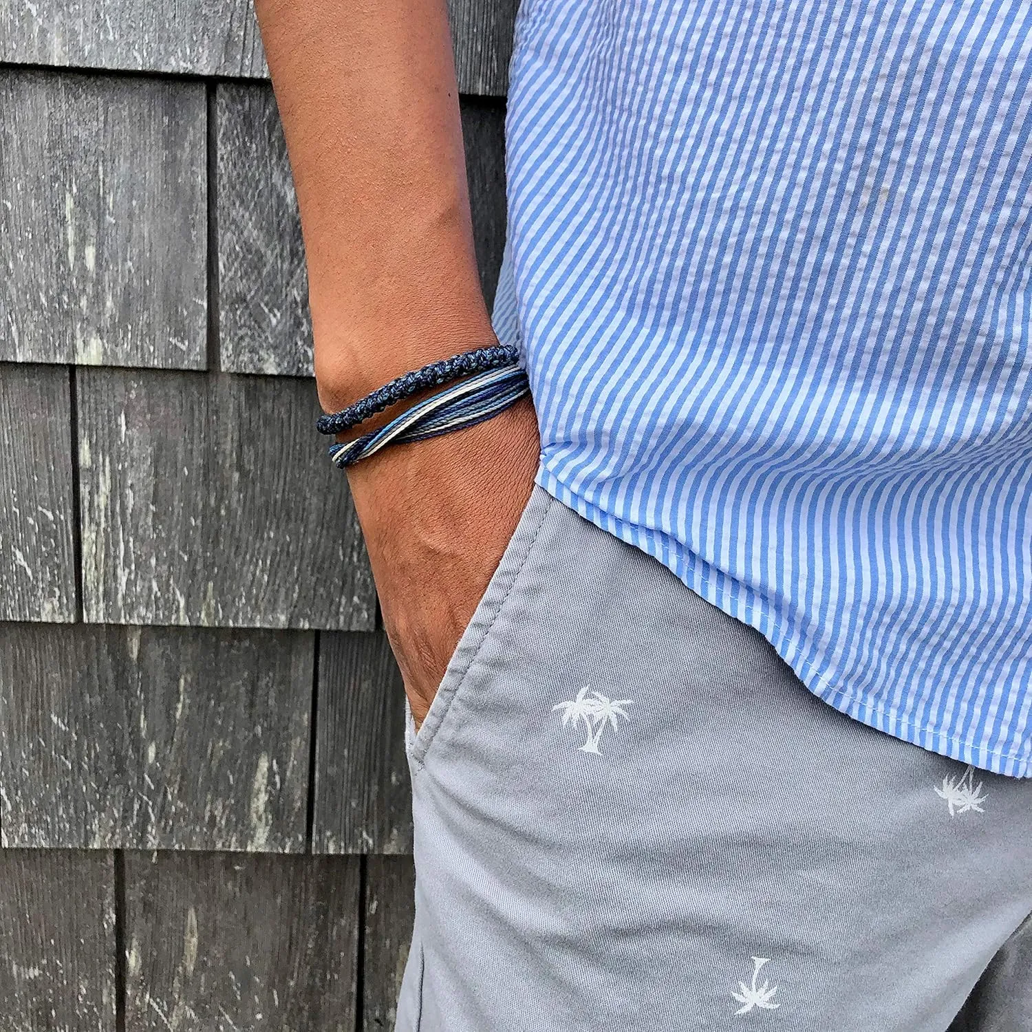 Surfer String Bracelet for Men Blue Gray White w Hematite Stones Handmade Woven Rope Adjustable Surf Gift for Guy by RUMI SUMAQ